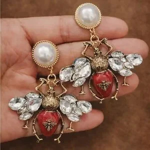 Vintage Luxury Elegant Red Gold Bee Earrings